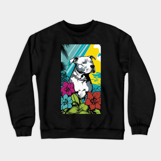 American Staffordshire Terrier PitBull Dog Vibrant Tropical Flower Tall Retro Vintage Digital Pop Art Portrait 7 Crewneck Sweatshirt by ArtHouseFlunky